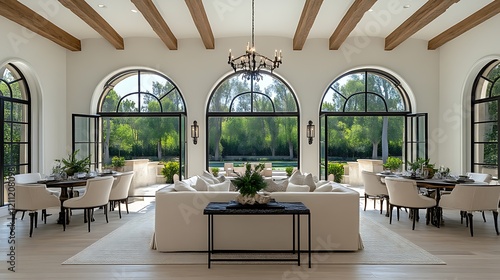 Luxurious Living Room with Expansive Windows and Wooden Beams