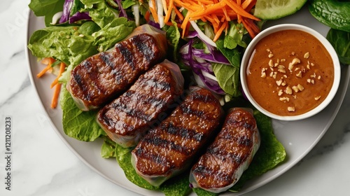 A plate of Vietnamese spring rolls served with peanut dipping sauce