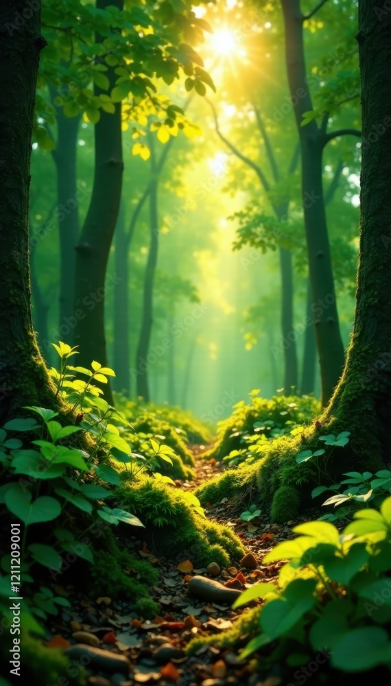 Obraz premium Overgrown forest floor with saffron and green light filtering, abstract, saffron, nature