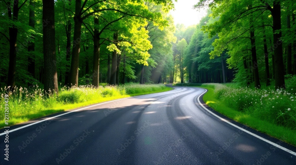 Obraz premium Asphalt Road Winding Through Lush Green Forest Canopy on a Sunny Day