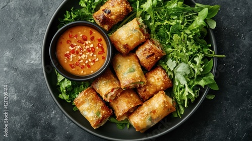 A plate of Vietnamese spring rolls served with peanut dipping sauce
