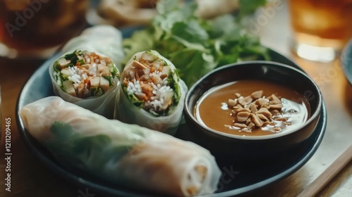 A plate of Vietnamese spring rolls served with peanut dipping sauce