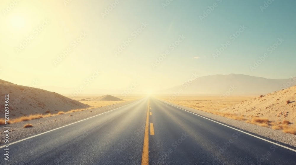 Fototapeta premium Asphalt ribbon unwinding towards a sun-kissed horizon, traversing a vast arid landscape under a clear sky, promising adventure and the thrill of open road exploration.