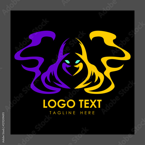 A stylized logo featuring a hooded figure with glowing blue eyes