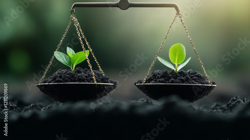 Balance scales hold two small plants with soil, suggesting importance of sustainability in economic growth photo