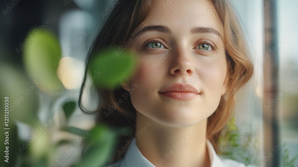 Young woman looks content in office, plant near, she is optimistic for growth and sustainability Young woman looks content in office, plant near, she is optimistic for growth and sustainability