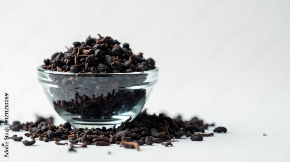 A Glass Bowl Filled with Aromatic Dark Brown Spice Buds and Stems, Scattered on a Plain White Surface