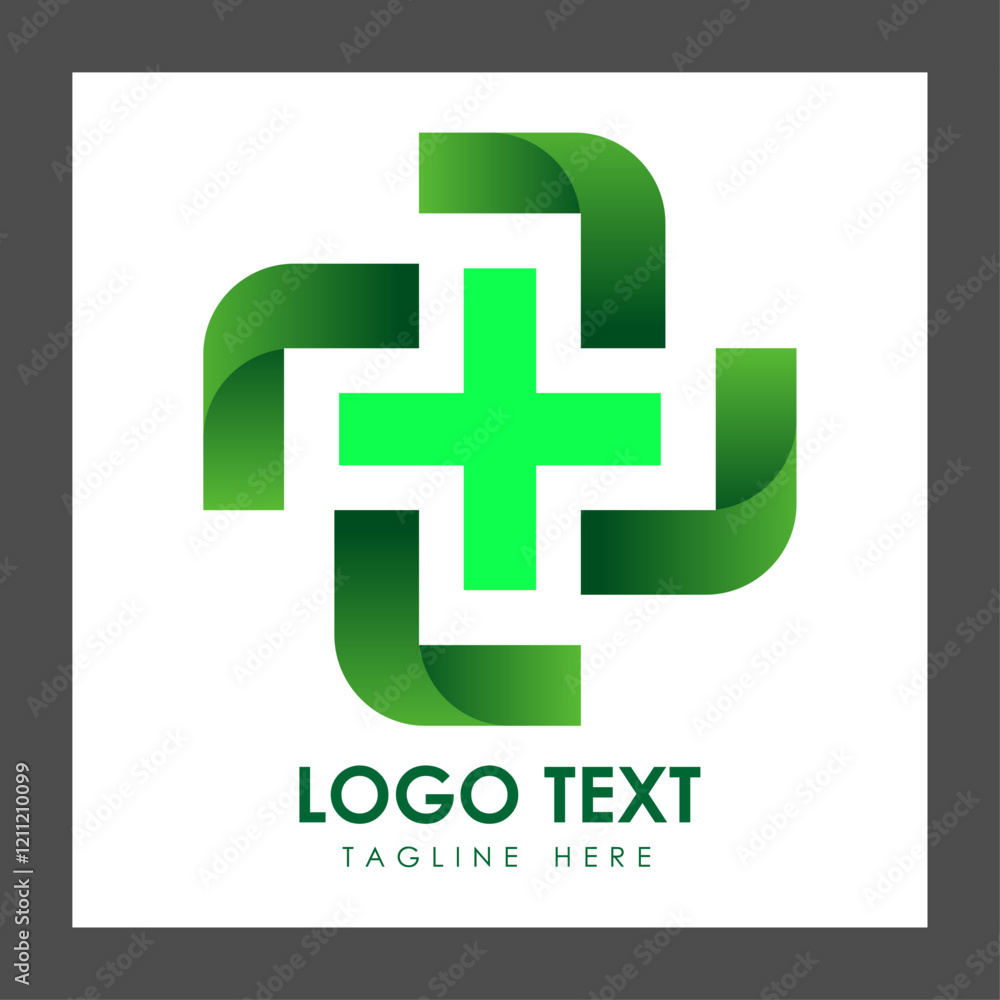 Obraz premium A logo featuring a stylized green cross at the center, surrounded by four curved shapes in varying shades of green
