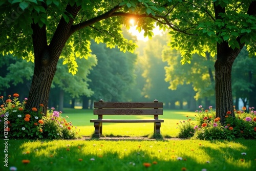 Serene park bench bathed in sunlight, nestled between vibrant flowering plants and majestic trees, offering a tranquil escape in nature's embrace.