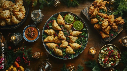 A platter of Indian samosas with mint and tamarind chutneys, styled with a festive theme