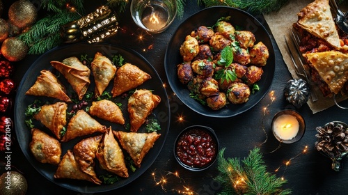A platter of Indian samosas with mint and tamarind chutneys, styled with a festive theme