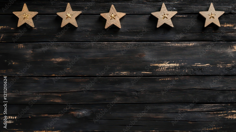 Five stars in a row on a black rustic cement boards. Conceptual of service rating and quality of trade. Top view, copy space for your text Five stars in a row on a black rustic cement boards. Conceptual of service rating and quality of trade. Top view, copy space for your text