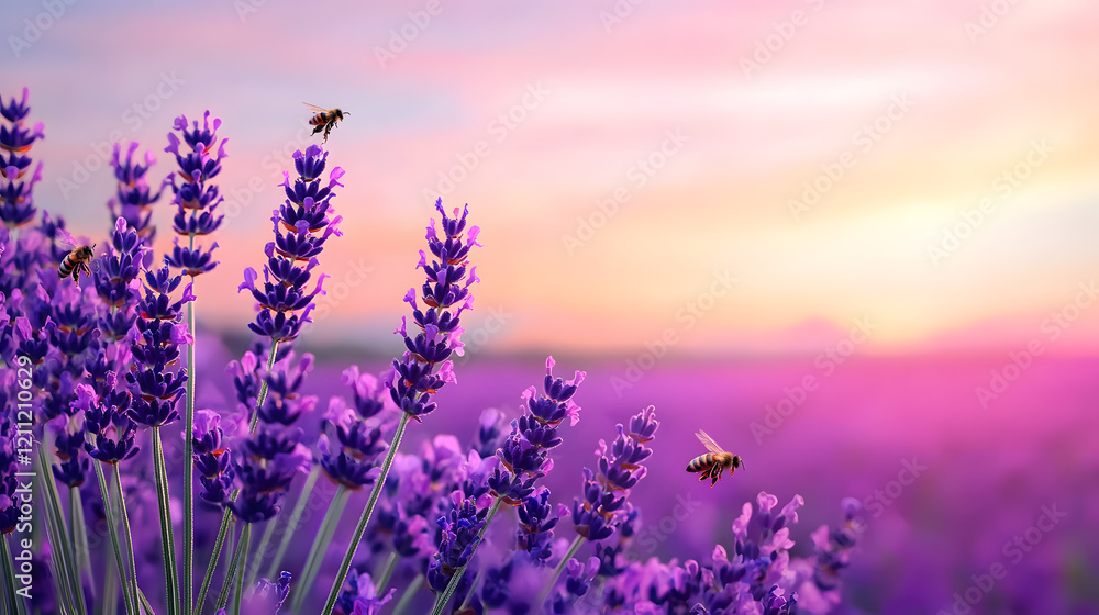 Obraz premium Bees pollinating lavender fields at sunset nature serene landscape colorful environment