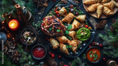 A platter of Indian samosas with mint and tamarind chutneys, styled with a festive theme