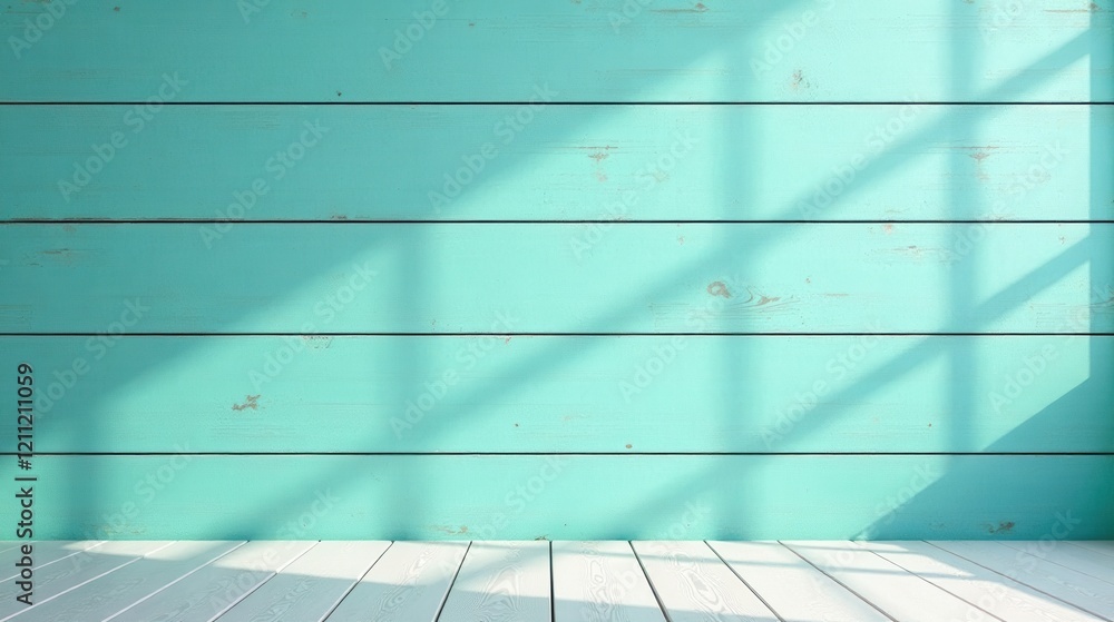 Obraz premium Light Aqua Wood Wall and White Floor with Window Light Shadows