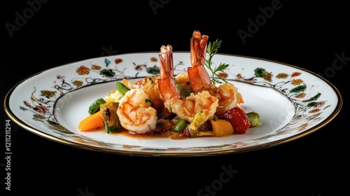 A serving of Japanese tempura shrimp and vegetables, styled with delicate porcelain dishware