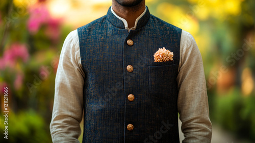 Man in Traditional Pathani Suit and Waistcoat