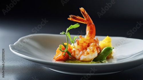 A serving of Japanese tempura shrimp and vegetables, styled with delicate porcelain dishware