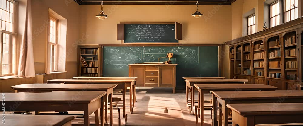 An old school classroom with wooden desks and chairs, sunlight streaming through tall, dusty windows, casting warm, golden light on the polished wooden floor An old school classroom with wooden desks and chairs, sunlight streaming through tall, dusty windows, casting warm, golden light on the polished wooden floor