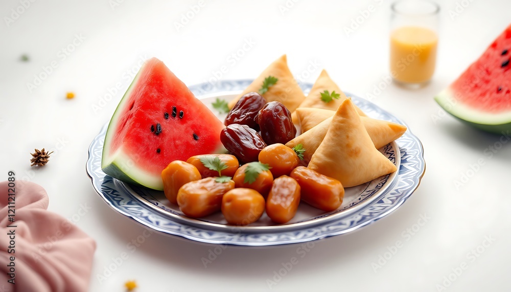 Sweet Summer Delights: Watermelon, Dates, and Samosas on a Vibrant Plate Sweet Summer Delights: Watermelon, Dates, and Samosas on a Vibrant Plate