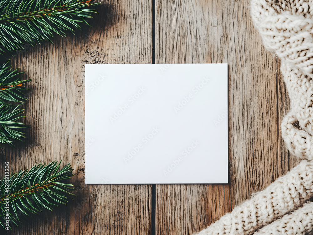 Fototapeta premium Create personalized holiday greetings with blank card cozy setting festive decor natural elements