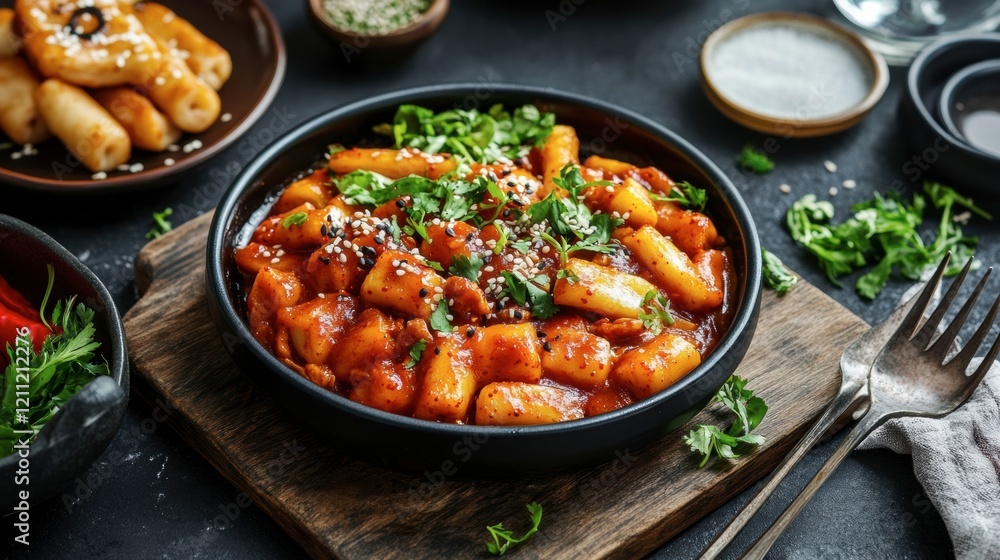 A serving of Korean tteokbokki in a spicy red sauce, styled with a lively street food vibe A serving of Korean tteokbokki in a spicy red sauce, styled with a lively street food vibe