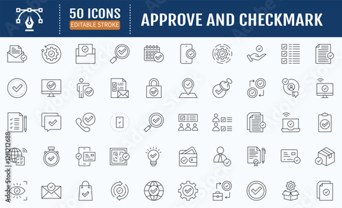 Approve and checkmark line editable icon set. Containing as Approve, Agreement, Quality Control, Certificate, Check Mark, Achievement, Guarantee icon. Vector Illustration