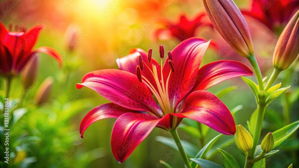 Fototapeta premium Macro Tilt-Shift Blooming Red Lily Flower Summer Sunny Day Garden Lilies Pink Petals