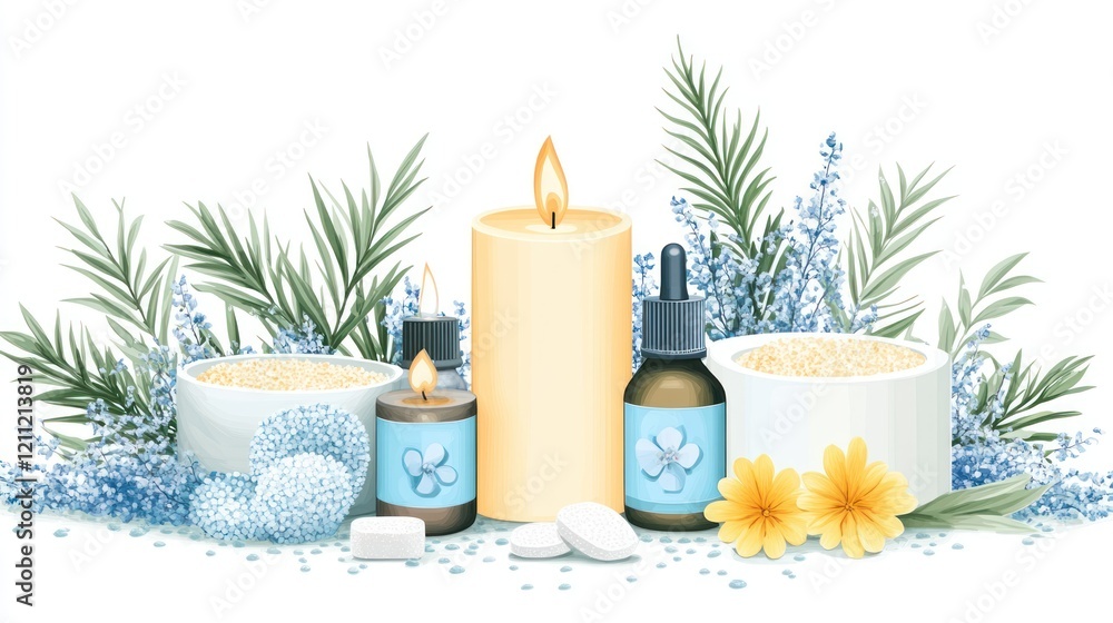 Spa treatment still life with candles, essential oils, bath salts, and flowers. Spa treatment still life with candles, essential oils, bath salts, and flowers.
