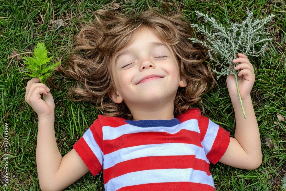Happy child with leaves lying on green grass, nature connection for eco-conscious kids, joyful outdoor play with greener, Global Climate Change Education Happy child with leaves lying on green grass, nature connection for eco-conscious kids, joyful outdoor play with greener, Global Climate Change Education