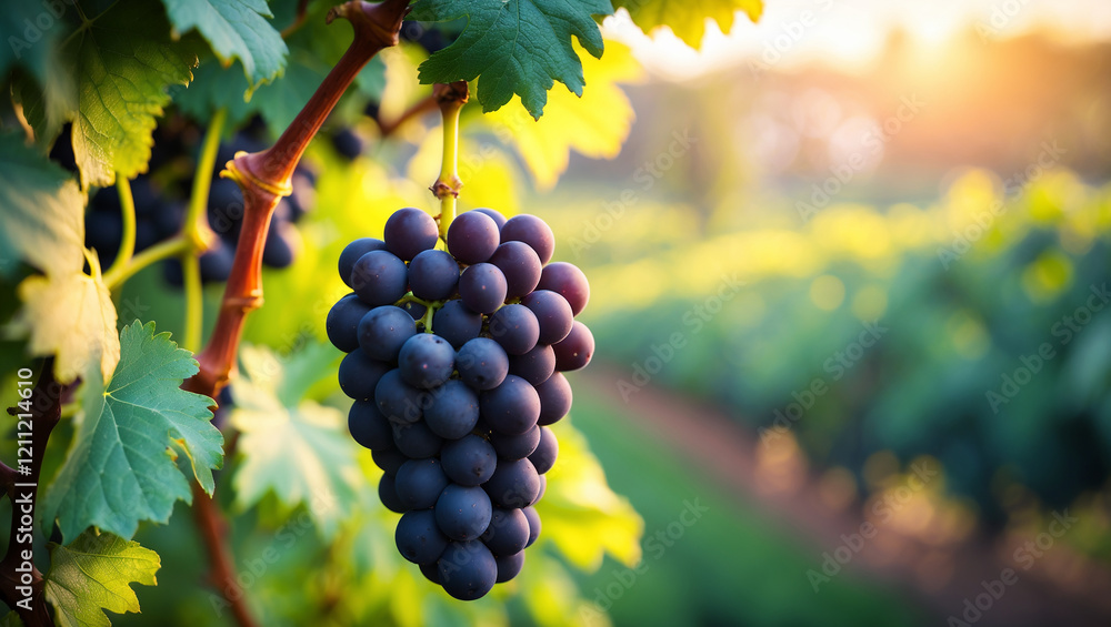 Fototapeta premium fresh black grapes on the stem blurred plantation background
