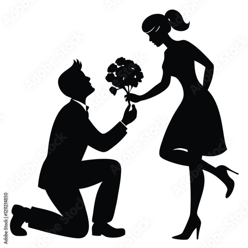 Silhouette of a romantic couple with a boy proposing to a girl holding a rose