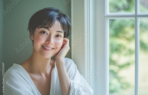 Free Download A Japanese woman in her early to mid-40s, smiling and touching the side of their face with one hand while standing against an indoor background with natural light. - GFXLoad