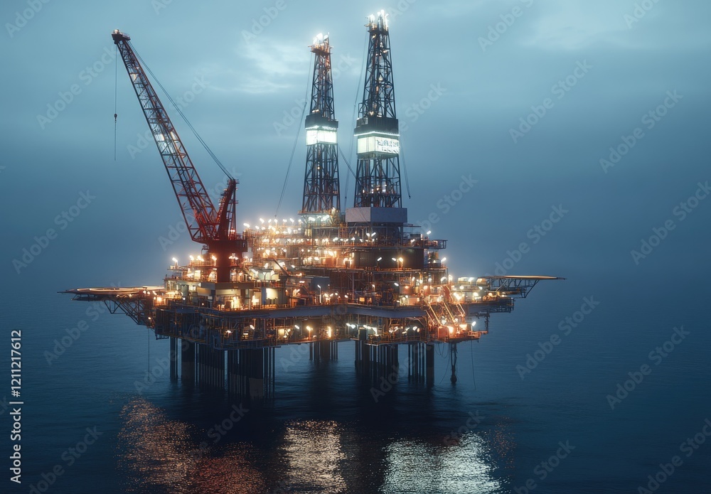 Oil and gas industry, oil rig at sea with lights on in the evening. Oil and gas industry, oil rig at sea with lights on in the evening.