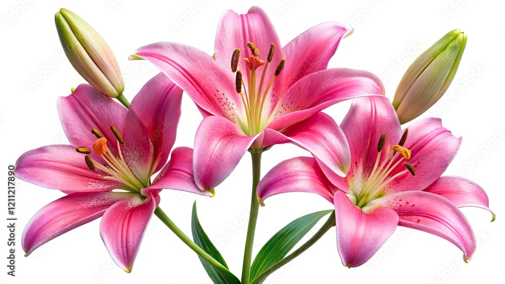 Fototapeta premium Pink Lily Flowers, Blooming Lilies, Isolated Pink Lilies, White Background, Lily Bud, Closeup Lily, Pink Lily Photography, Floral Photography, Beautiful Lilies