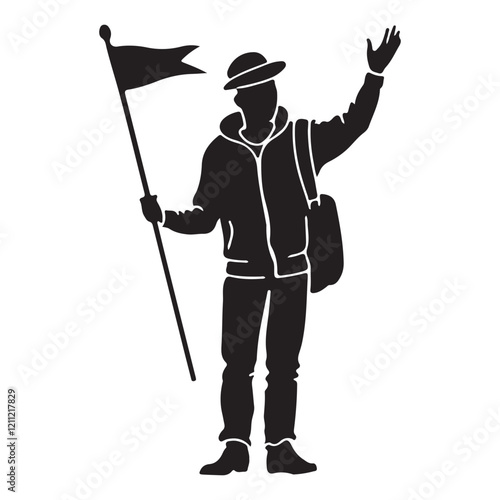 Silhouette of a Tour Guide Waving While Holding a Flag