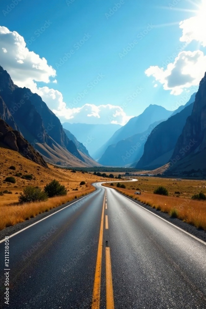 Fototapeta premium Asphalt ribbon unwinding through a majestic mountain pass, bathed in sunlight; a scenic route promising adventure and freedom on the open road.