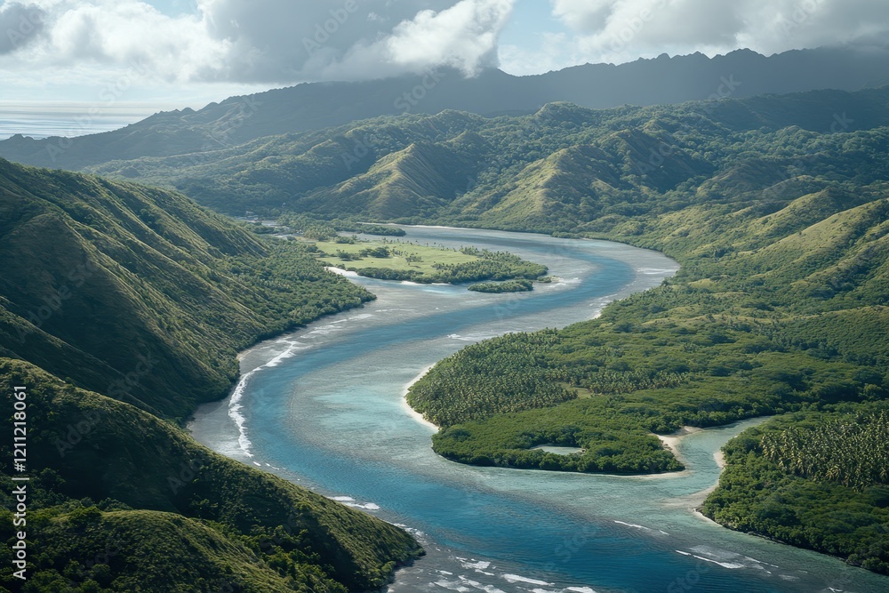 Scenic Aerial View of a Winding River Surrounded by Lush Greenery and Majestic Mountains Under a Dramatic Sky with Light Clouds Scenic Aerial View of a Winding River Surrounded by Lush Greenery and Majestic Mountains Under a Dramatic Sky with Light Clouds