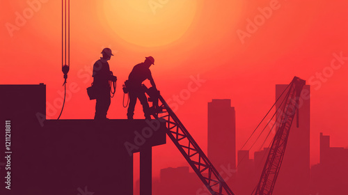 Construction workers working at sunset urban skyline silhouette photography industrial setting low angle labor concept photo