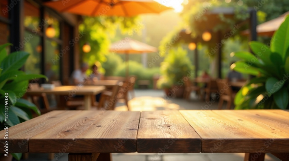 Warm Sunlight Illuminates Empty Wooden Table at a Tranquil Outdoor Cafe Setting Warm Sunlight Illuminates Empty Wooden Table at a Tranquil Outdoor Cafe Setting