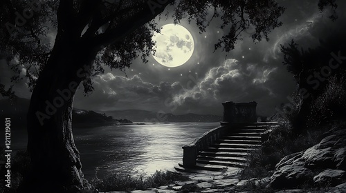 black and white landscape photograph featuring a serene nighttime scene  includes a large, luminous full moon dominating the sky, casting a silvery glow over the ocean below