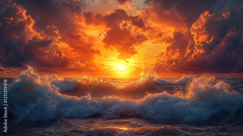 Fototapeta premium Vibrant sunset over turbulent ocean waves with dramatic clouds, evoking tranquility and awe