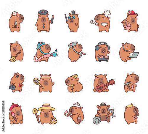 Capybara professions cartoon set with cute kawaii characters holding different tools, equipment, objects, accessories, and items for cheerful creative designs illustration