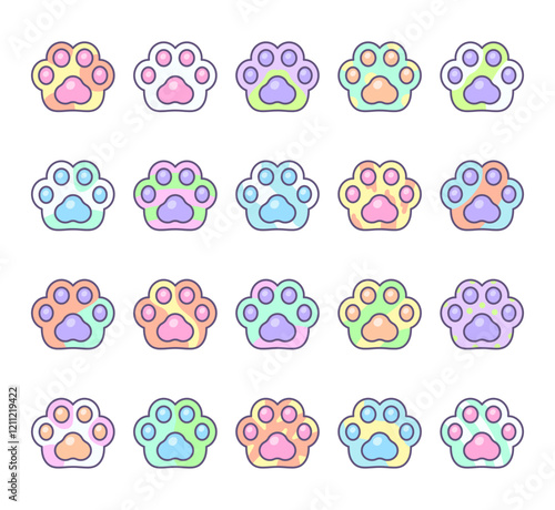 Set of adorable taba paw animal prints with unique different details and soft shapes in outline illustrated clip art design for your creative stylish projects