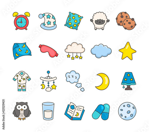 Bedtime sleep object set with cute illustrations of pillow, cloud, star, moon, pajamas, sheep, cookies, nightcap, mobiles, eye mask, blanket, and dreamy accessories for relaxation