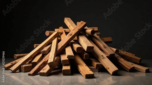 A haphazard pile of weathered, rectangular wooden beams rests on a smooth surface against a dark backdrop.
