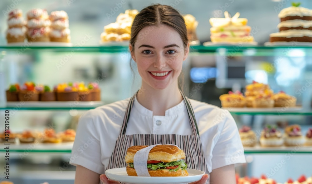 portrait of waitress smiling and holding sandwich in cafe portrait of waitress smiling and holding sandwich in cafe