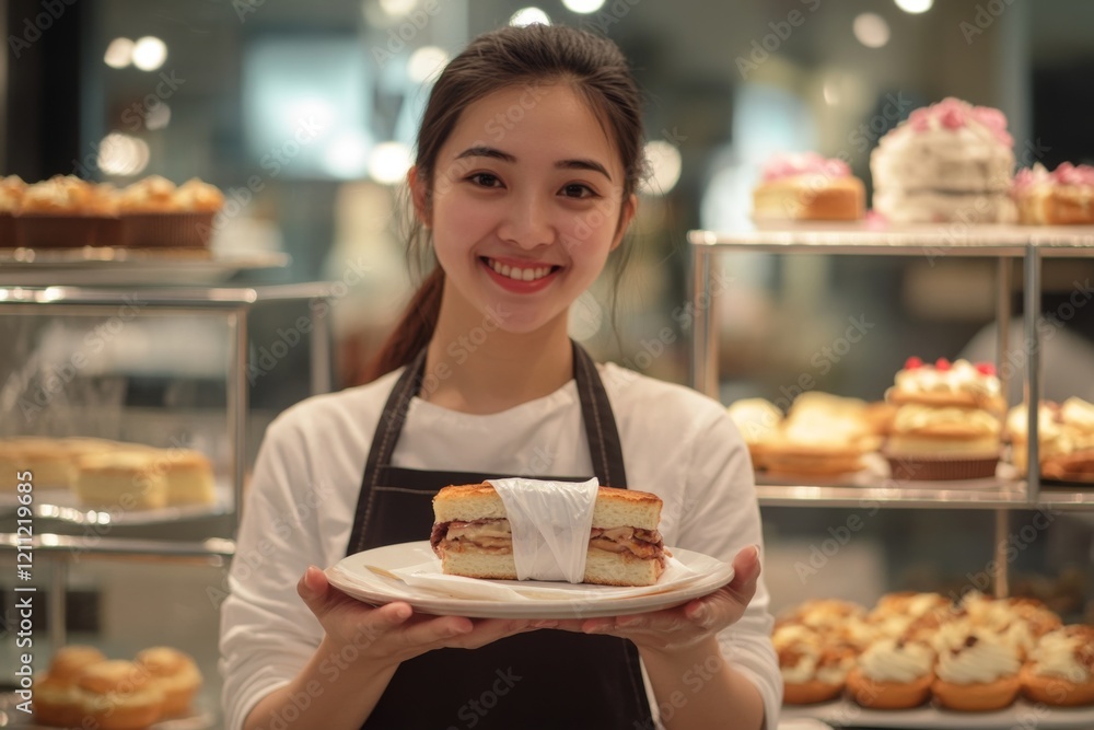 close-up of waitress smiling and holding sandwich in cafe close-up of waitress smiling and holding sandwich in cafe
