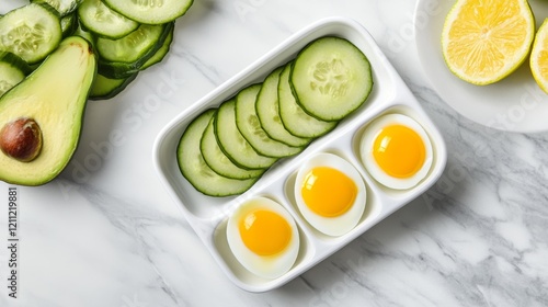 baby led weaning presentation, modern compartmentalized dish, nutritious food arrangement, golden egg yolks, creamy avocado wedges, fresh green cucumber slices, soft grey dining set, white marble photo