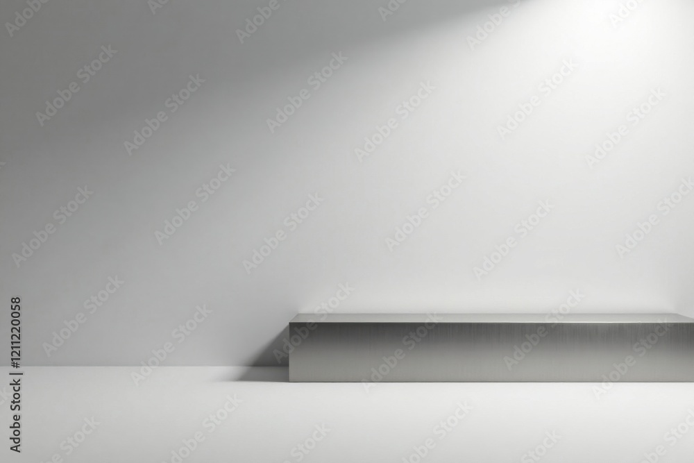 Minimalist metallic platform against a bright white backdrop, perfect for showcasing products or designs with a clean, modern aesthetic. Minimalist metallic platform against a bright white backdrop, perfect for showcasing products or designs with a clean, modern aesthetic.